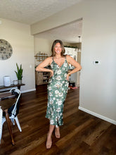 Load image into Gallery viewer, Olive Green Floral Satin Dress

