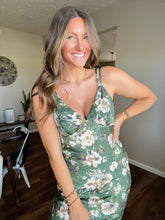 Load image into Gallery viewer, Olive Green Floral Satin Dress
